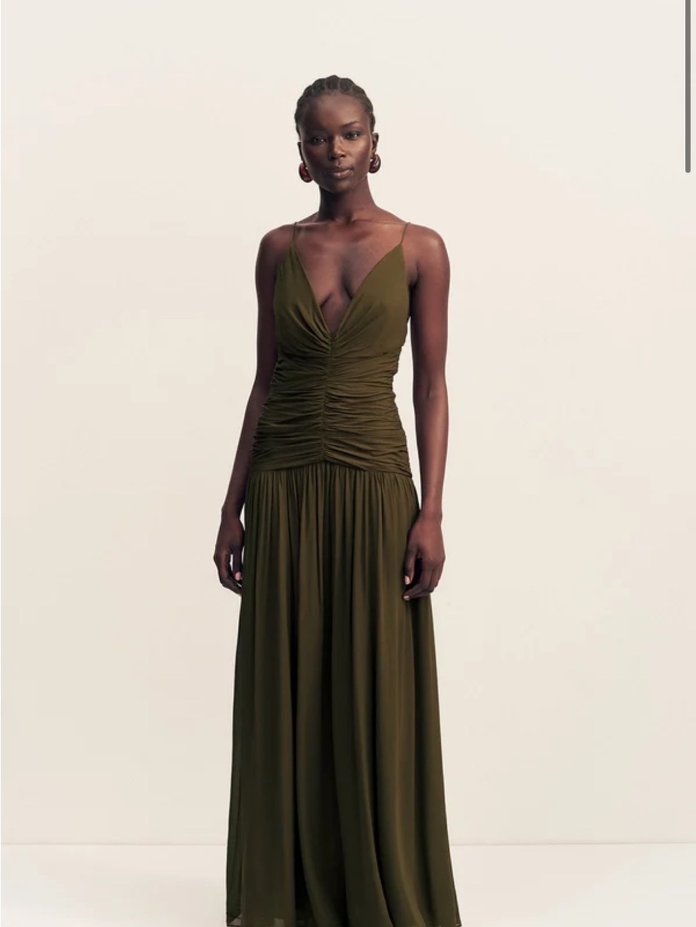 Shona Joy Juno Dress (Olive Green) Ruched V-Neck Spaghetti Maxi Dress